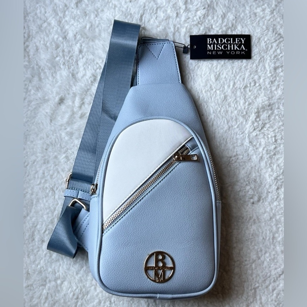 Badgley Mischka Light Blue and White Sling Bag